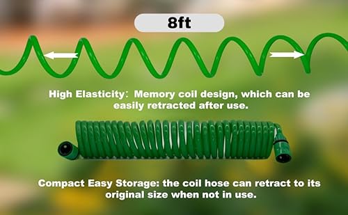 Miniatura 6 de Manguera de jardín de 8 pies, manguera de agua rizada con conectores de plástico, manguera de agua de jardín de retroceso, retráctil y resistente a