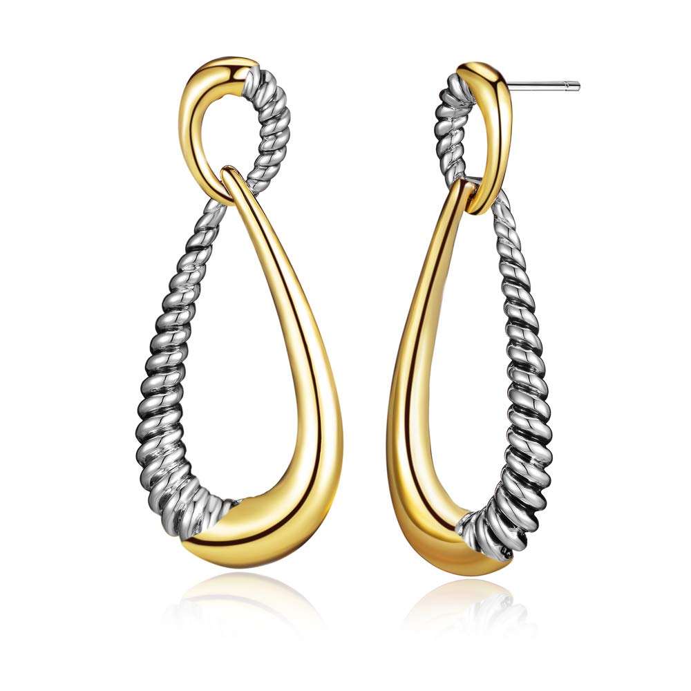 Two Tone Curved Dangle Drop Earrings - Gold Silver Plated Statement Earrings with Twisted Rope Design, Hypoallergenic Post for Women