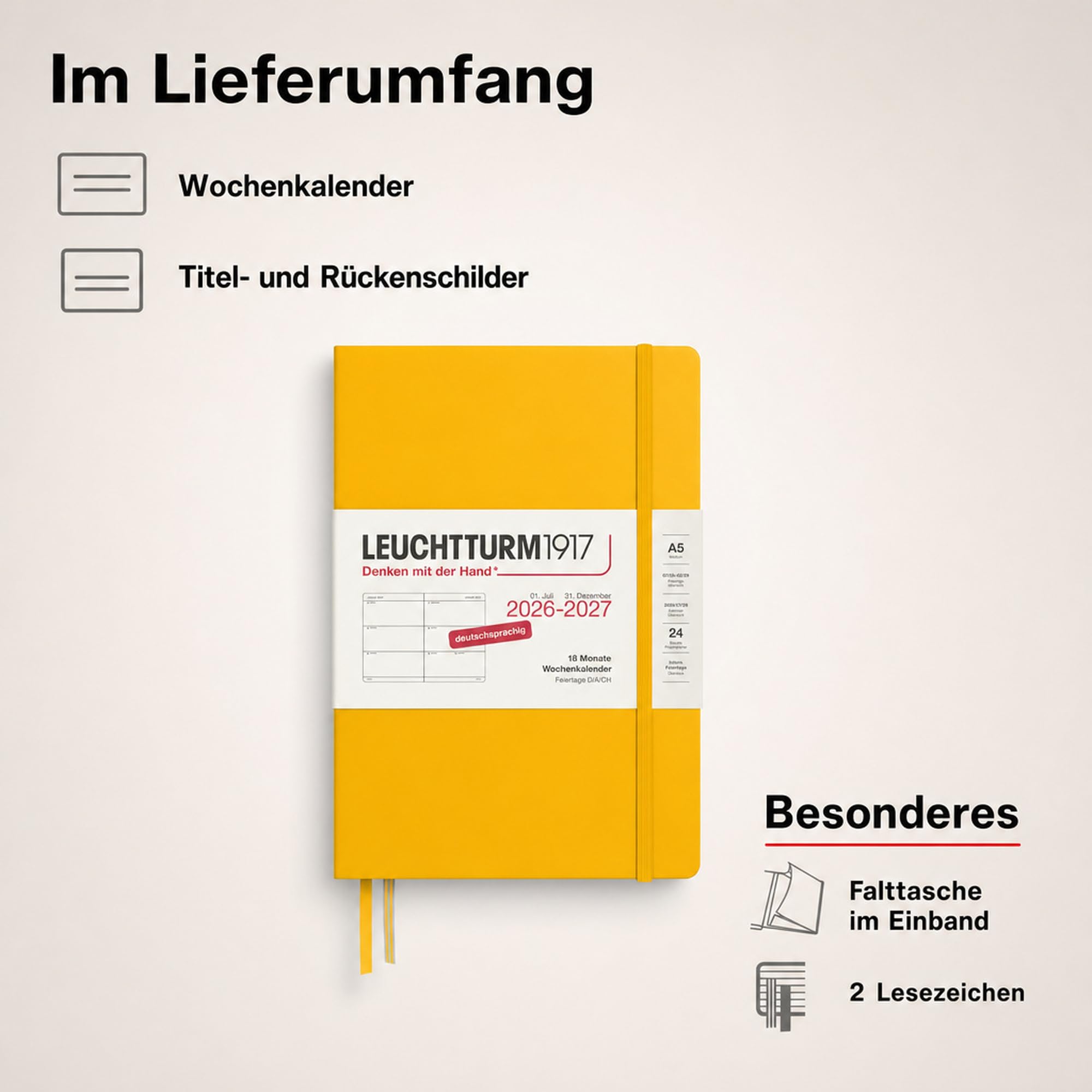 LEUCHTTURM1917 Kalendarz tygodniowy na rok 2027 średni (A5) – niemiecki, Sunflower, twarda okładka, 145 x 210 mm, 18 miesięcy - 07. 2026-12.2027, 1 tydzień na podwójnej stronie, papier 80 g/m² o
