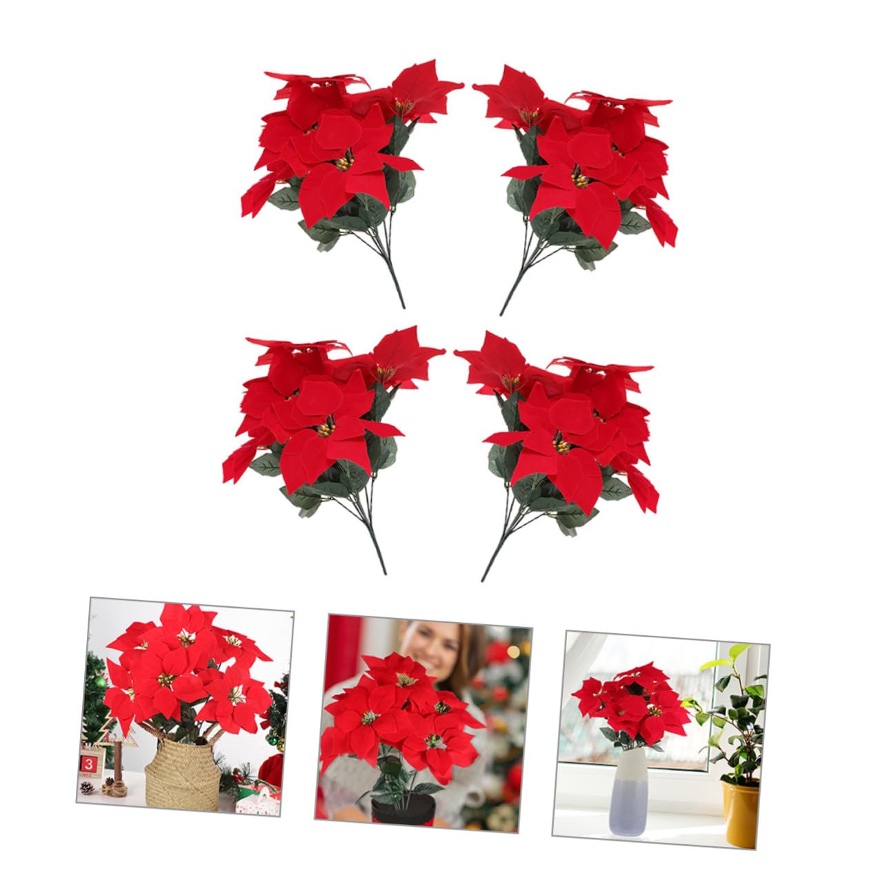 4 Stück Künstliche Weihnachtssternblumen aus Seidigem Stoff in Rot Realistische Tischdekoration ohne Gießen für Wohn und Esszimmer Elegante Poinsettia Dekoration