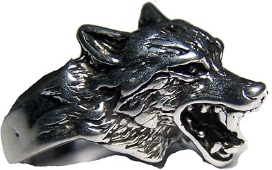 WOLF HEAD & FACE WITH TEETH MENS OR WOMENS DELUXE BIKER RING - SIZE 13