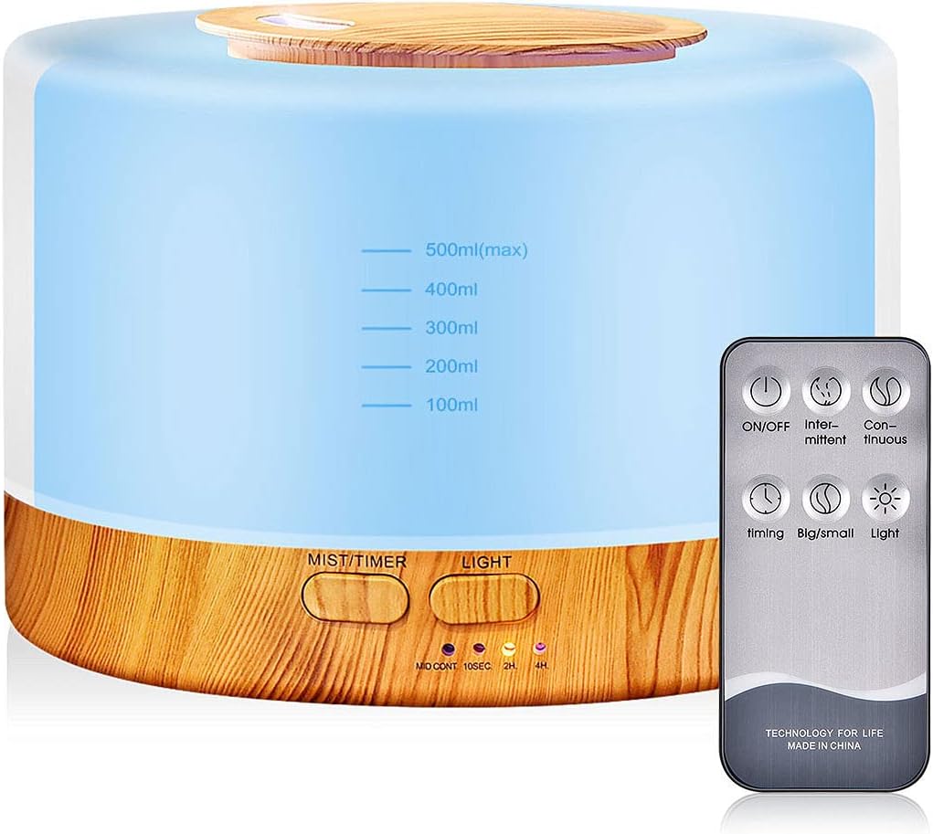 Upgraded Essential Oil Diffuser, 500ml Aromatherapy Diffuser with 7 Color Lights and 4 Timer, Cool Mist Humidifier with Auto Shut-off Function for Home Office