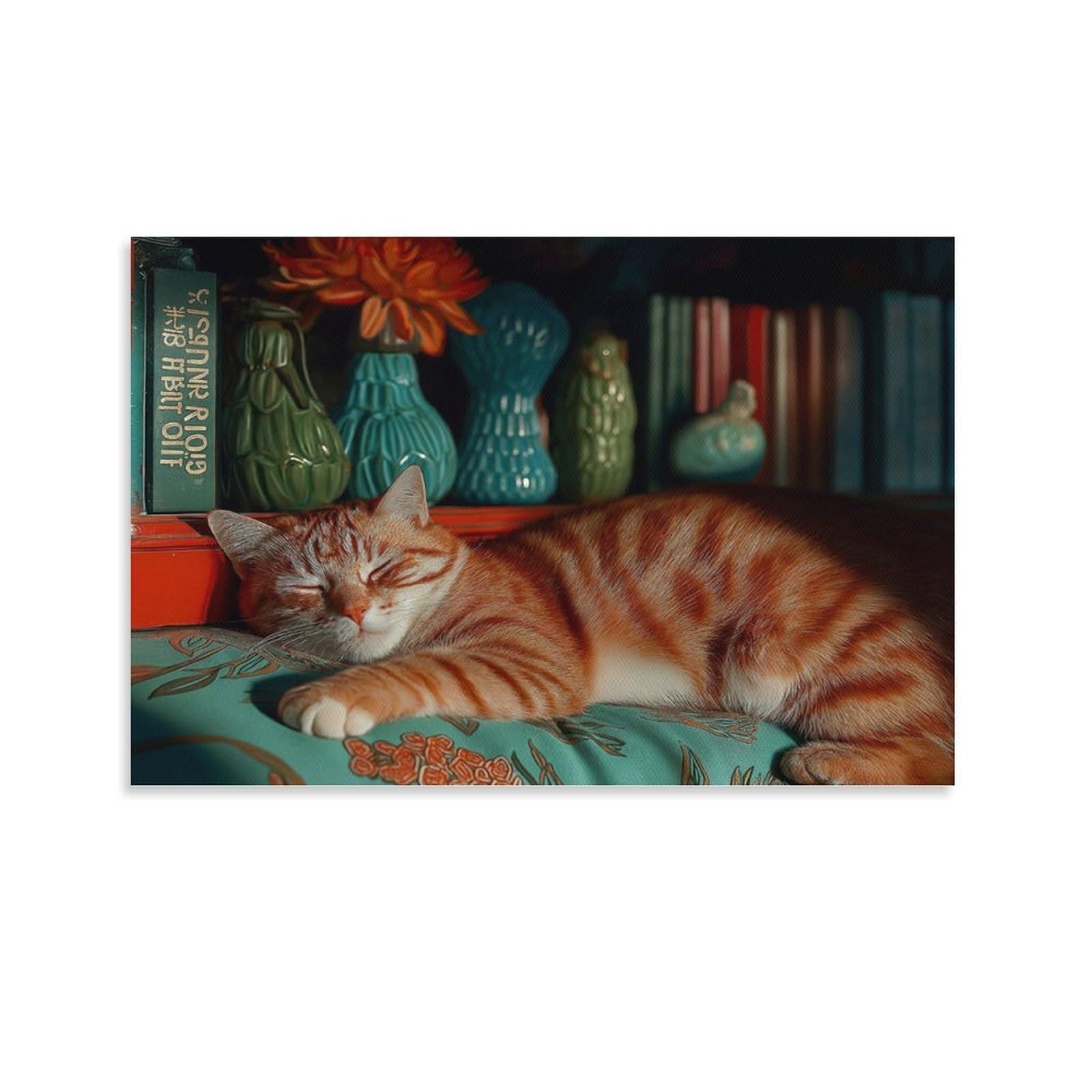 CPLVKWRQJ Sleeping Orange Cat Single Piece Ginger Tabby Napping Bookshelf Decor Framed Canvas Print - Bedroom Statement Piece Easy to Clean Ready to Hang 20x30inch(50x75cm)