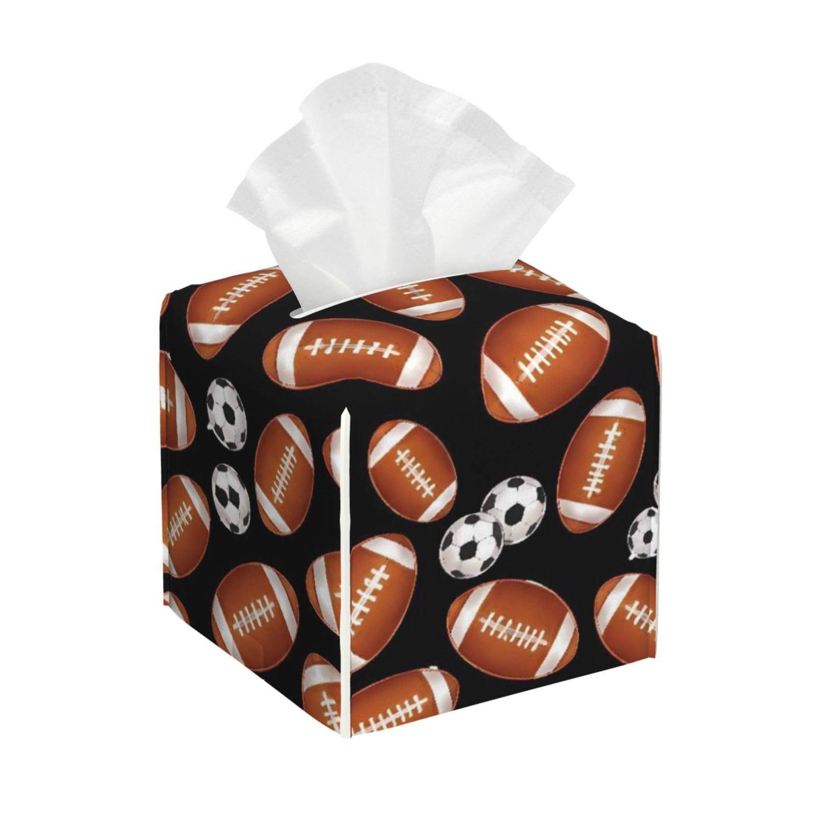 Brown and Black Football Sports Ball Leather Tissue Box Cover Holder Square Facial Paper Organizer 5.2" X 5.2" X 5.2"