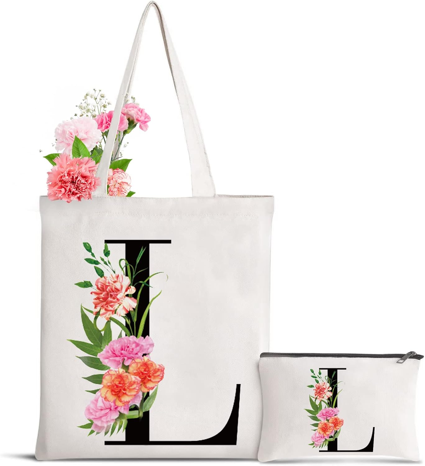 Personalized Initial Monogram Canvas Tote Bag with Makeup Bag - Floral Gift for Mom, Bridesmaids, Birthday, Wedding