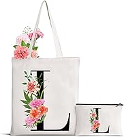 Personalized Initial Monogram Canvas Tote Bag with Makeup Bag - Floral Gift for Mom, Bridesmaids, Birthday, Wedding