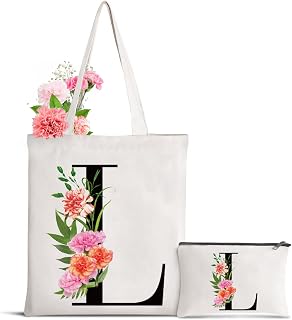 Personalized Initial Monogram Canvas Tote Bag with Makeup Bag - Floral Gift for Mom, Bridesmaids, Birthday, Wedding
