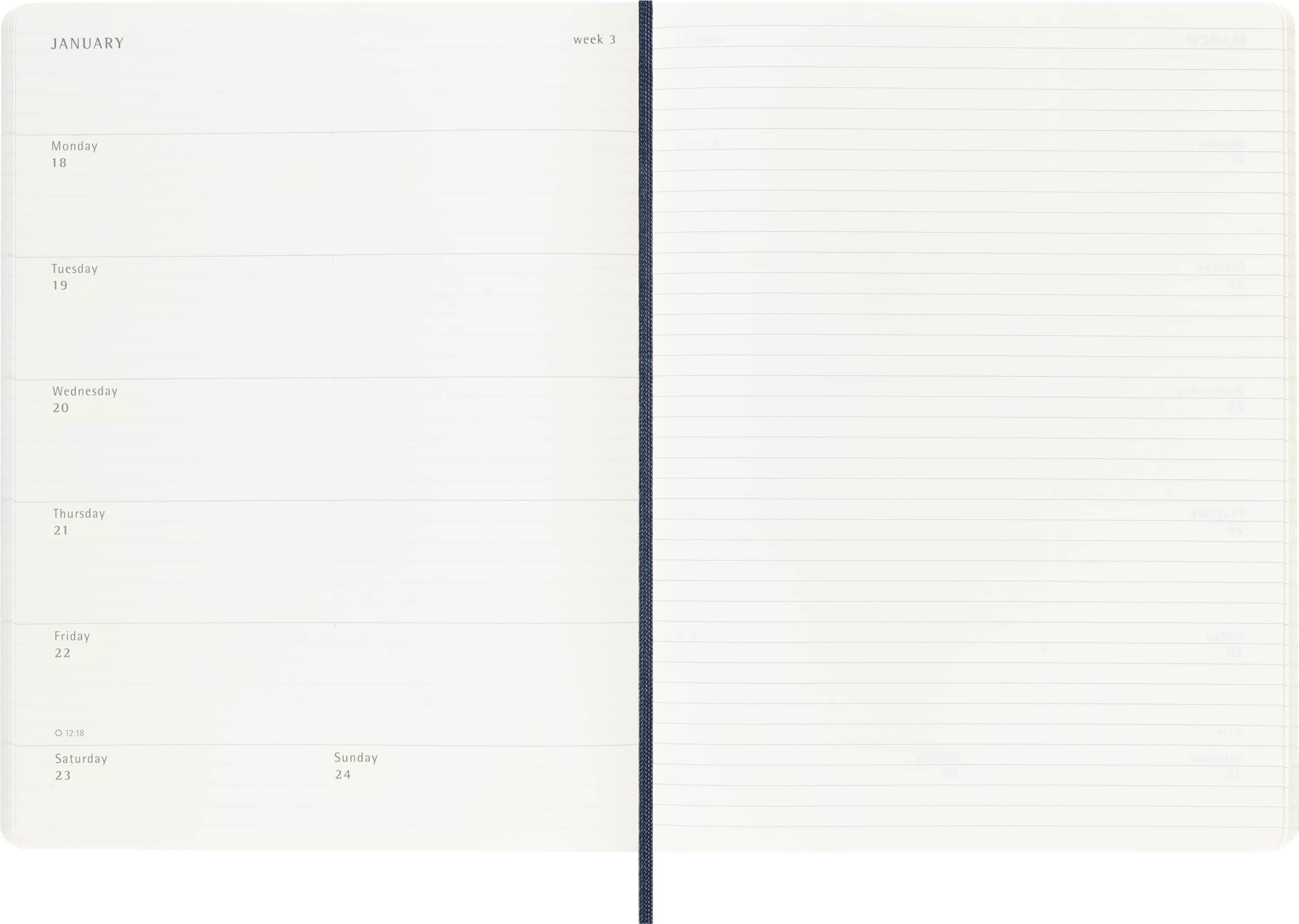 Agenda Hebdomadaire Moleskine 2027, Agenda de 12 Mois avec Espace pour Prendre des Notes, Couverture Souple et Fermeture Élastique, Format XL 19x25 Cm, Couleur Bleu Saphir