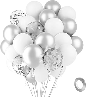 Luftballons Silber Weiß Ballons 60 Stück 30cm Metallic Silberne Konfetti Latex Ballons 1 Rollen Silber Band Luftballon Girlande Luftballons Geburtstag Silberhochzeit Taufe Diamantene Hochzeit Deko
