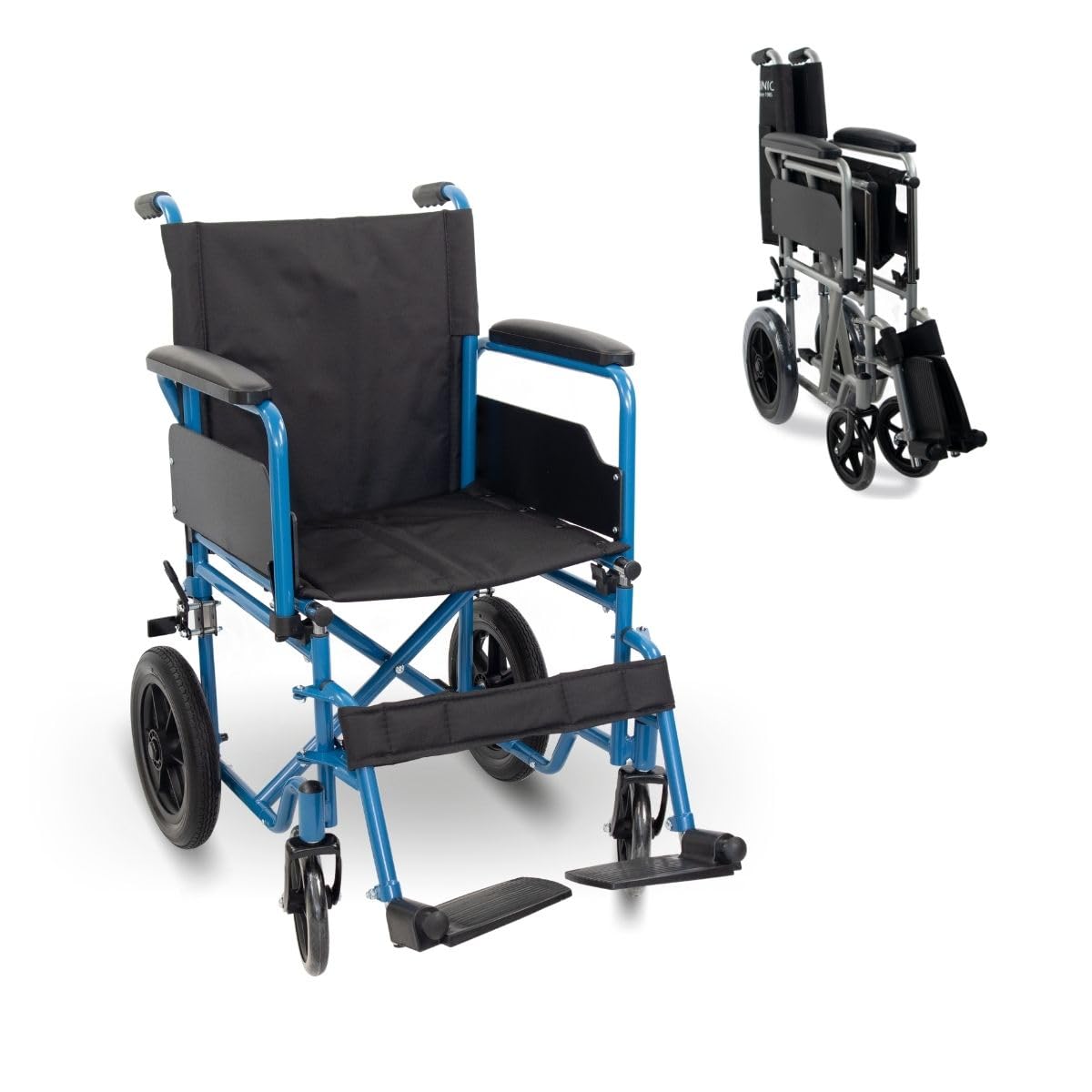 Mobiclinic®, Składany wózek inwalidzki, Marsella, Kółka z możliwością szybkiego zwolnienia po naciśęciu przycisku, Stabilny, Siedzisko 46 cm, Dźwignia hamulca, Niebieski