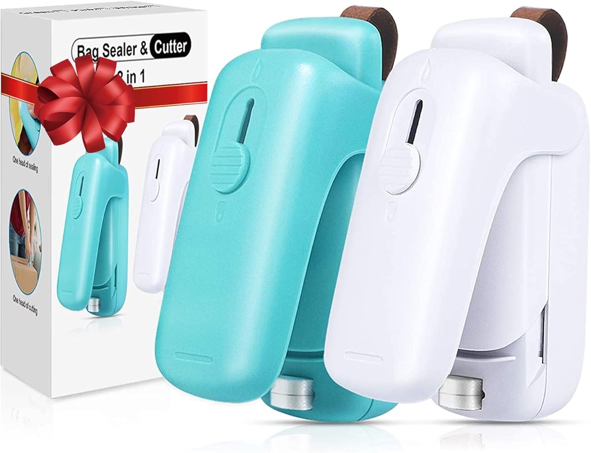 EZCO 2-Pack Bag Sealer Mini, Handheld Bag Heat Vacuum Sealer, 2 in 1 Heat Sealer & Cutter Portable Bag Resealer Machine for Plastic Bags Storage Food Snack Cookies Fresh (Battery Included)