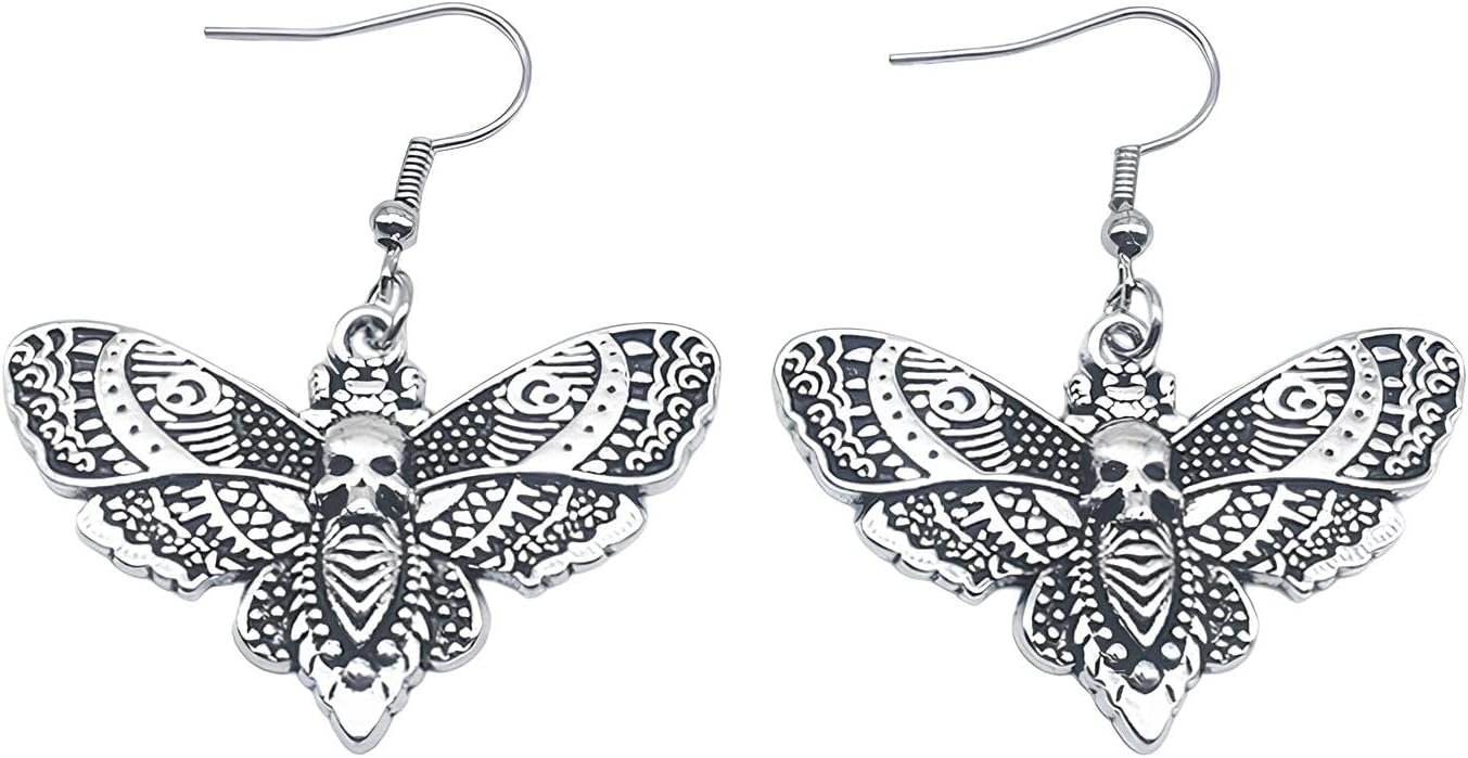 Goth Moth Dangle Earrings for Women - Gothic Jewelry with Skull and Sun Moon Symbols, Witchy Statement Jewelry Gift, Vintage Punk Moth Butterfly Skull Dangle Earrings for Women