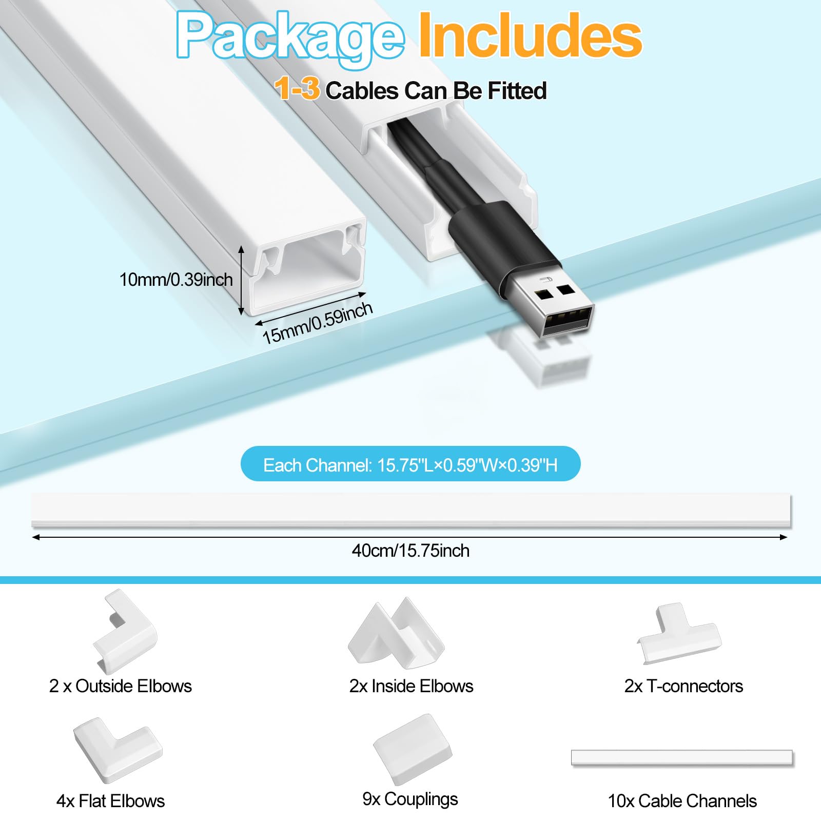 Romon Canalina Passacavi Muro, Kit di Canaline Passacavi da 4 m Bianca - Copri Cavi Verniciabili per TV - Canalina Passacavi Adesiva con Raccordi, Gomiti, Nastro per cavi, 0.4m*15mm*10mm, 10 Pezzi