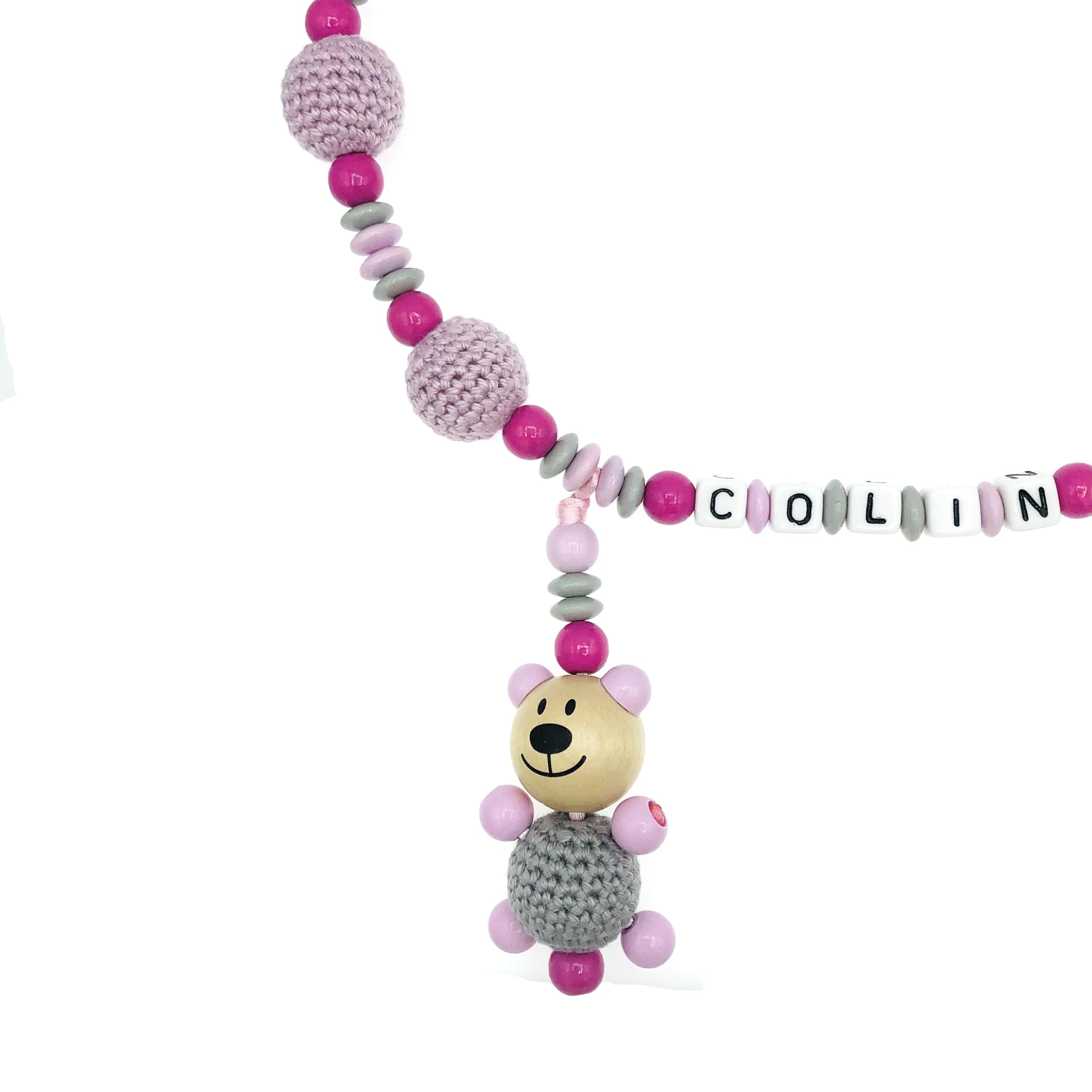 Set Nuckelkette + Kinderwagenkette mit Namen " 3D - BÄR MIT HÄKELKÖRPER/TEDDYBÄR " Rosa Hellgrau Pink/Baby/Unisex/Personalisiert/HANDMADE