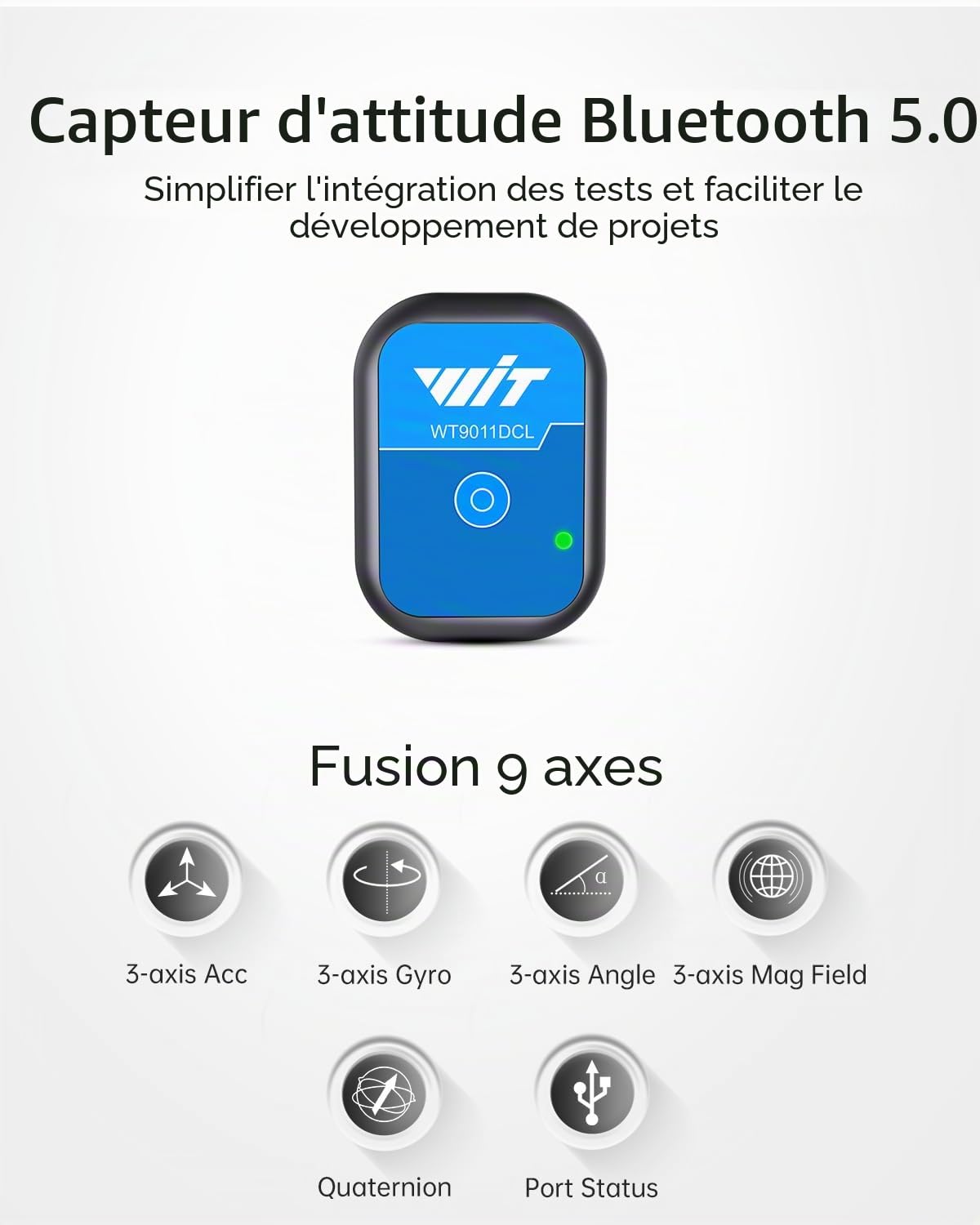 [Capteurs d'accélération Bluetooth 5.0] Mini capteur inertiel sans fil WT9011DCL MPU9250, 3 axes accéléromètre + gyroscope + magnétomètre + inclinomètre, module de capteur IMU AHRS 9 axes USB