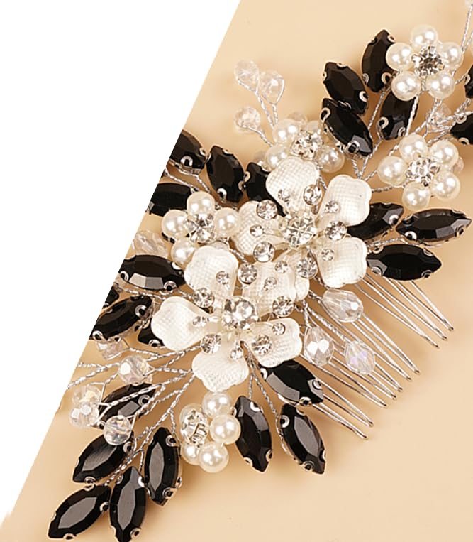Miniatura 5 de Peine de pelo con diamantes de imitación de cristal negro con flores plateadas, perlas, lágrima y diamantes de imitación, diadema de boda, perlas,