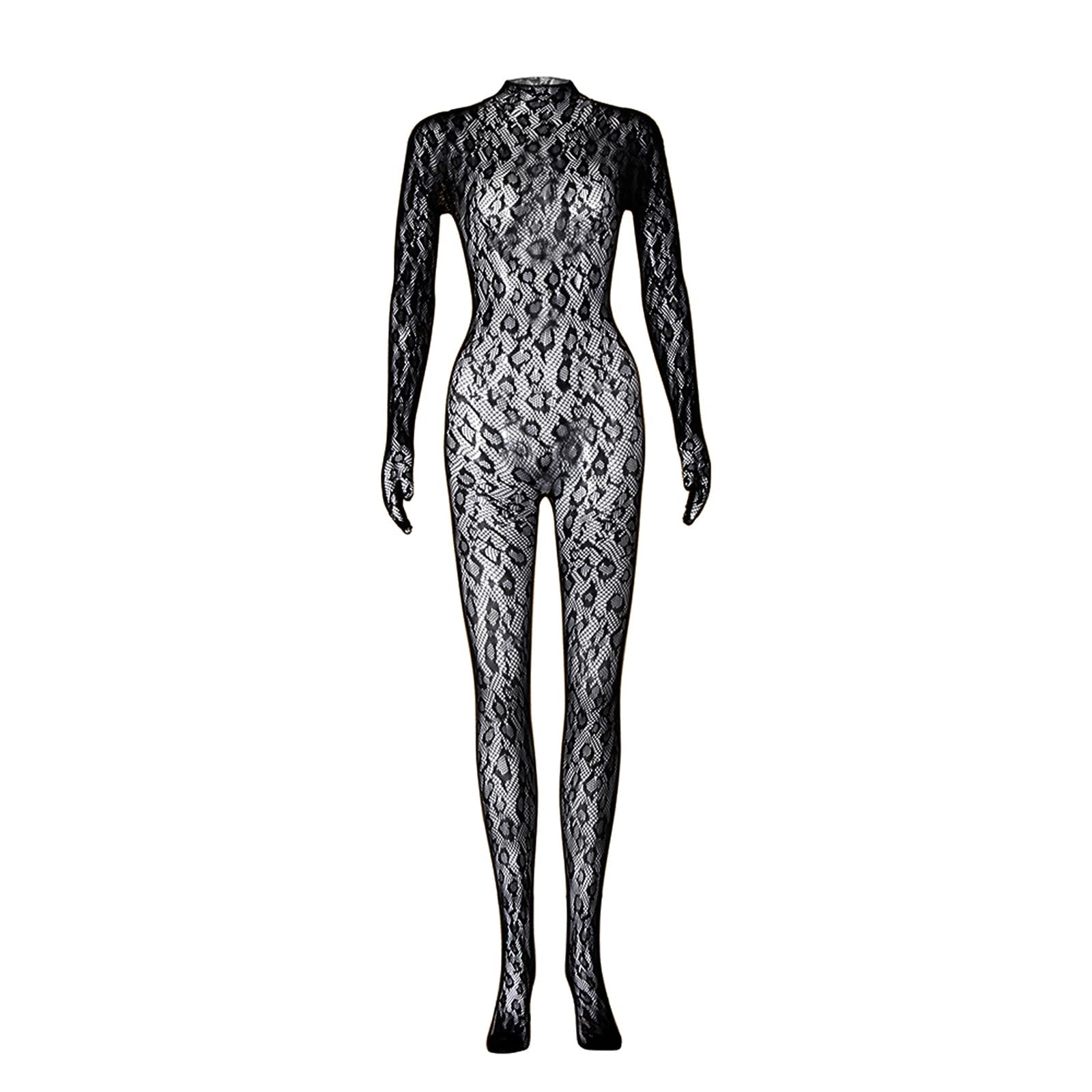 Leopard Lace Jumpsuits Fish Net One Piece Body Suit Rave Outfits for Women Ladies Night Out