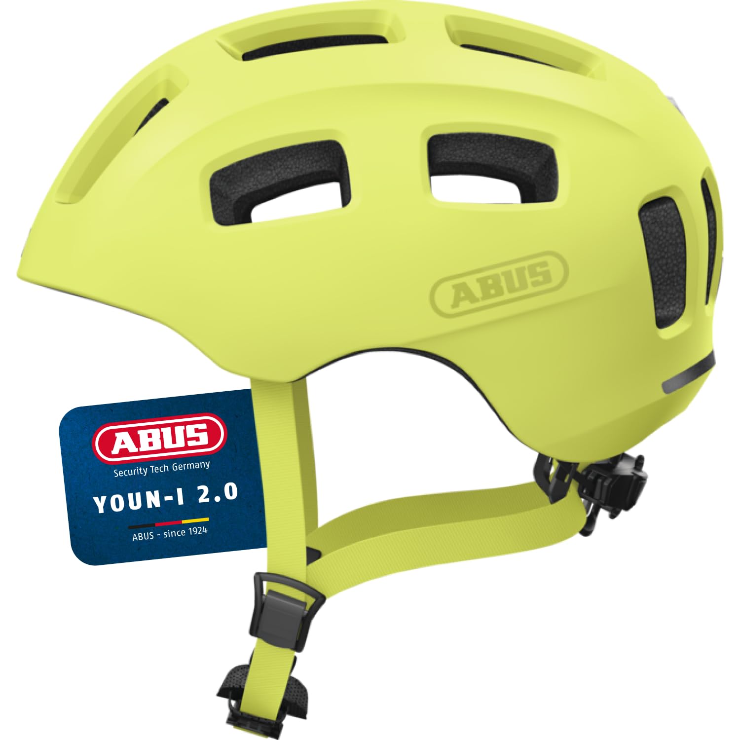 ABUS Casco da Bici Youn-I 2.0, giallo mono, Taglia M | Casco city con luce posteriore LED, costruzione In-Mold, vestibilità individuale, rete anti-insetti, apertura per treccia