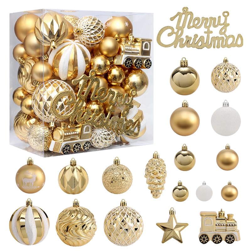 Christmas Balls 65pcs, Christmas Tree Decoration Set, Christmas Ornaments Set for Xmas Tree Holiday Party Garland Decor - Gold