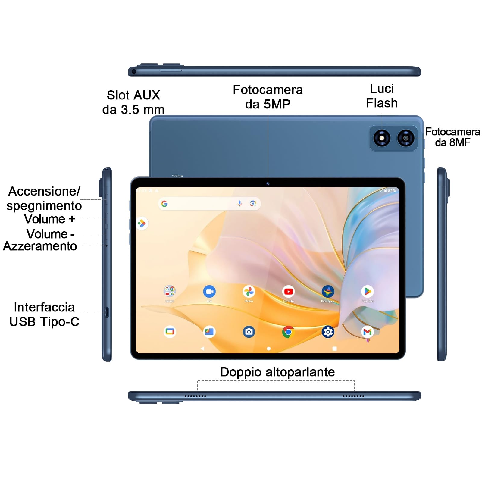 fezawio F10 Tablet 10 Pollici, Tablet Android 14, 22 GB RAM+128 GB ROM |1TB TF |8000mAh |5G Wi-Fi |Octa-Core |Widevine L1 |2.0Ghz Tablet PC Con Tastiera Mouse Fondina, Migliore Regalo-Blu