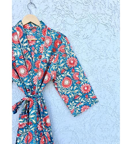 Image of Hand block print Cotton Kimono bikini cover up,Indian Hand block print Cotton Bath Robe,Swim Wear,Nighrwere Dressing Gown
