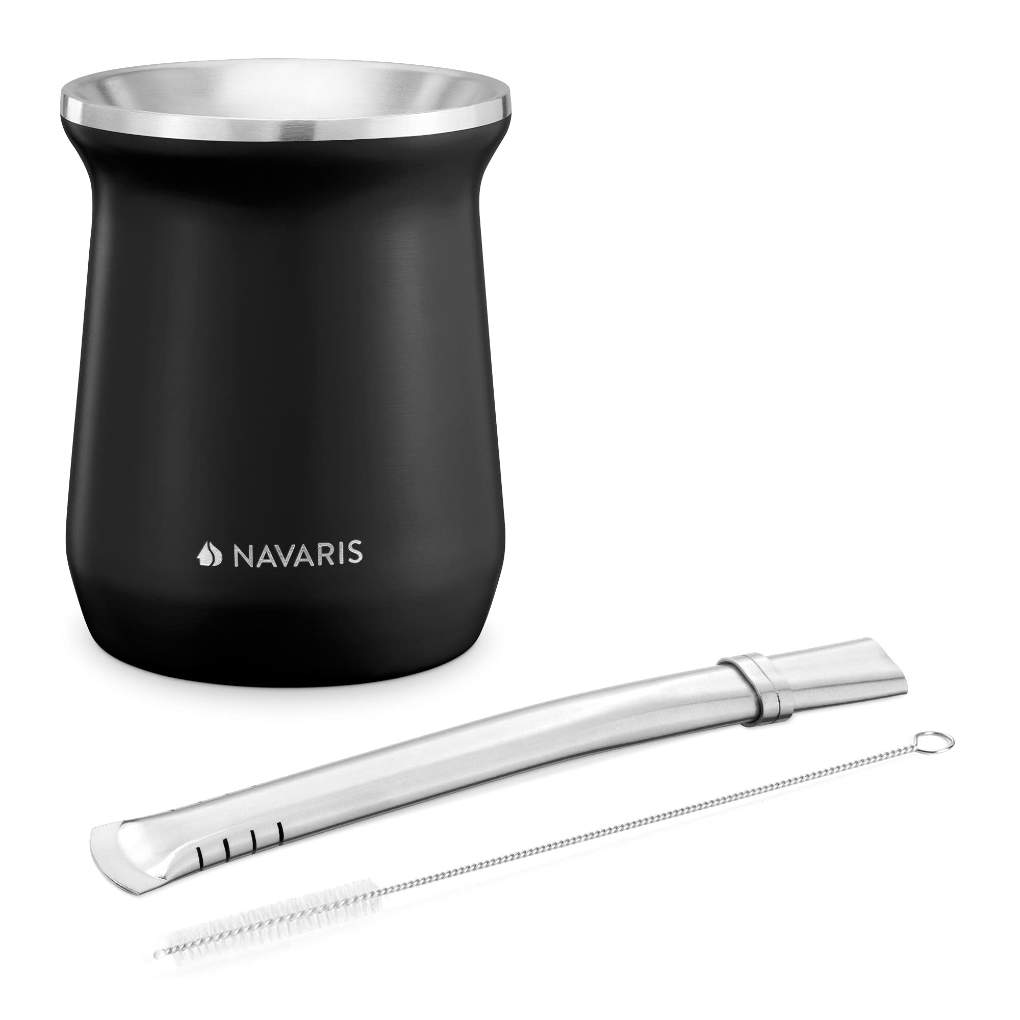 Navaris Mate con Bombilla - Kit de 1x Vaso de Acero Inoxidable 300 ML para Preparar infusión de Yerba Mate 1x Pajita 1x Cepillo de Limpieza - Negro