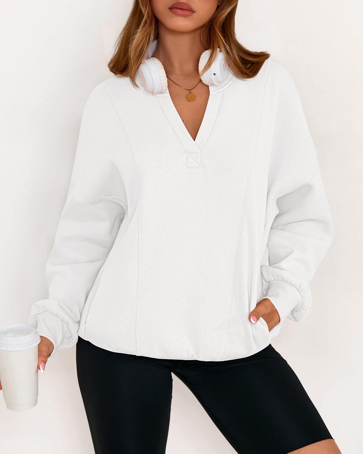 dowerme Oversized Sweatshirt for Women Casual Long Sleeve V Neck Comfy Fleece Pullover Tops Pockets Fall Outfits 2025 - Image 7