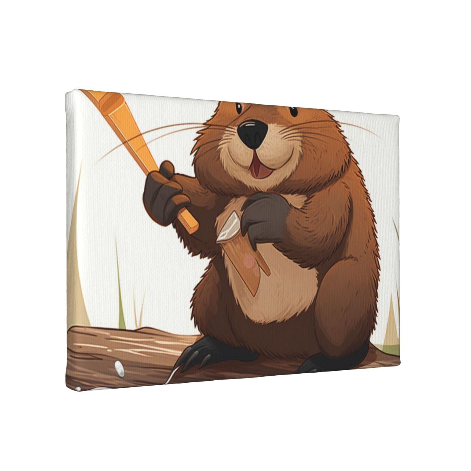YKLJG beaver working Printed Wall Art Canvas Painting 30x20 CM Wooden Framed Picture Painting Artwork Prints for Bedroom Kitchen Home Office Decor