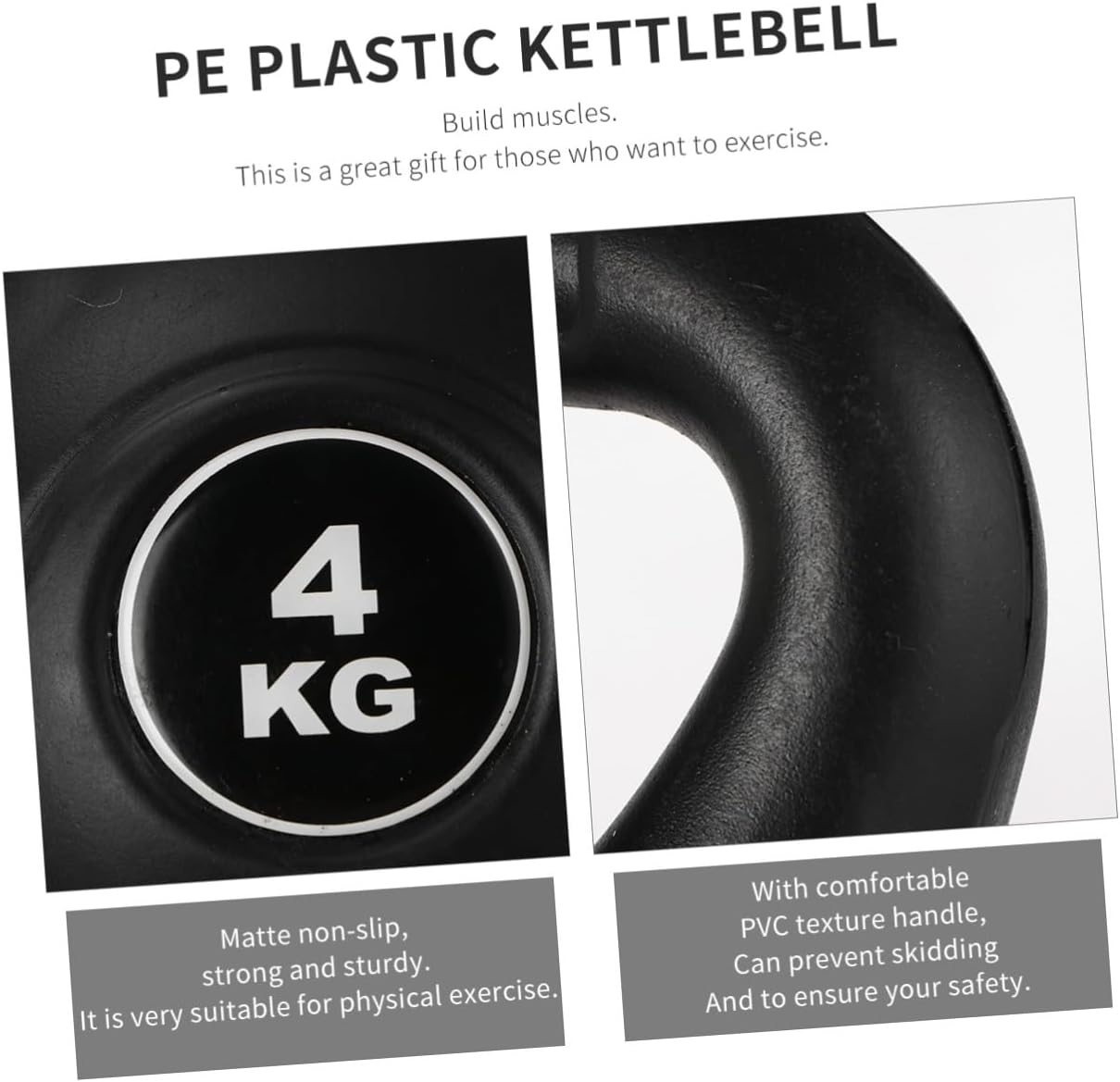 Plastic Kettlebell 4kg Black, Arm Muscle Training Bell for Home Fitness, Portable Fixed Kettle-bell Exercise Accessory for Deep Squat and Strength Workout