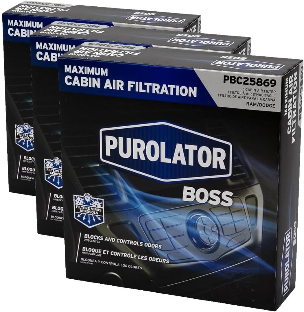 Purolator PBC25869 PurolatorBOSS Automotive Cabin Air Filter with Febreze & Activated Carbon, Car & Truck Passenger Compartment OEM Filter Replacement for Dodge RAM 1500 & Journey (Pack of 3)