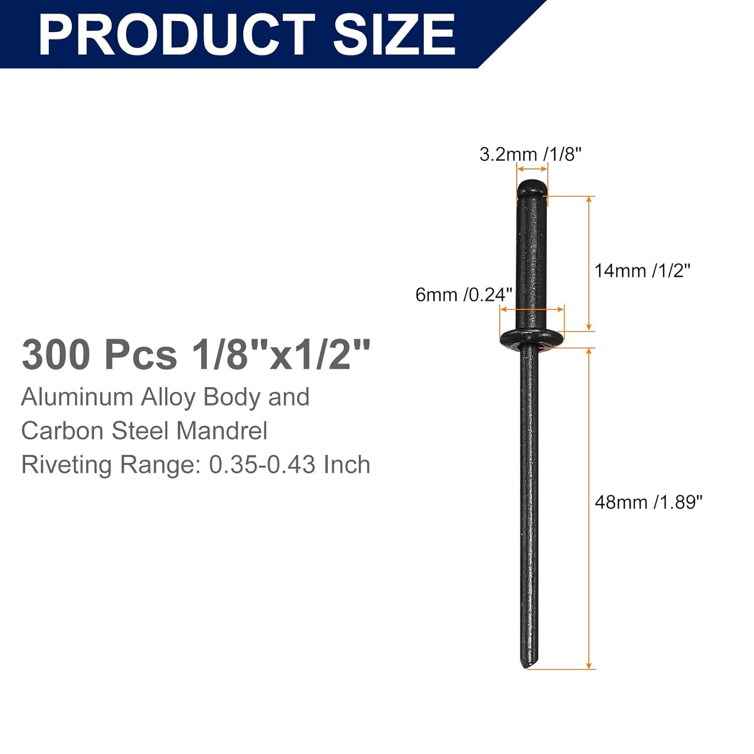 uxcell 300Pcs 1/8" x1/2" Aluminum Blind Rivets, Aluminum Grip and Steel Mandrel, Dome Head Long Split Rivets for Metal, Furniture, Automotive, Black