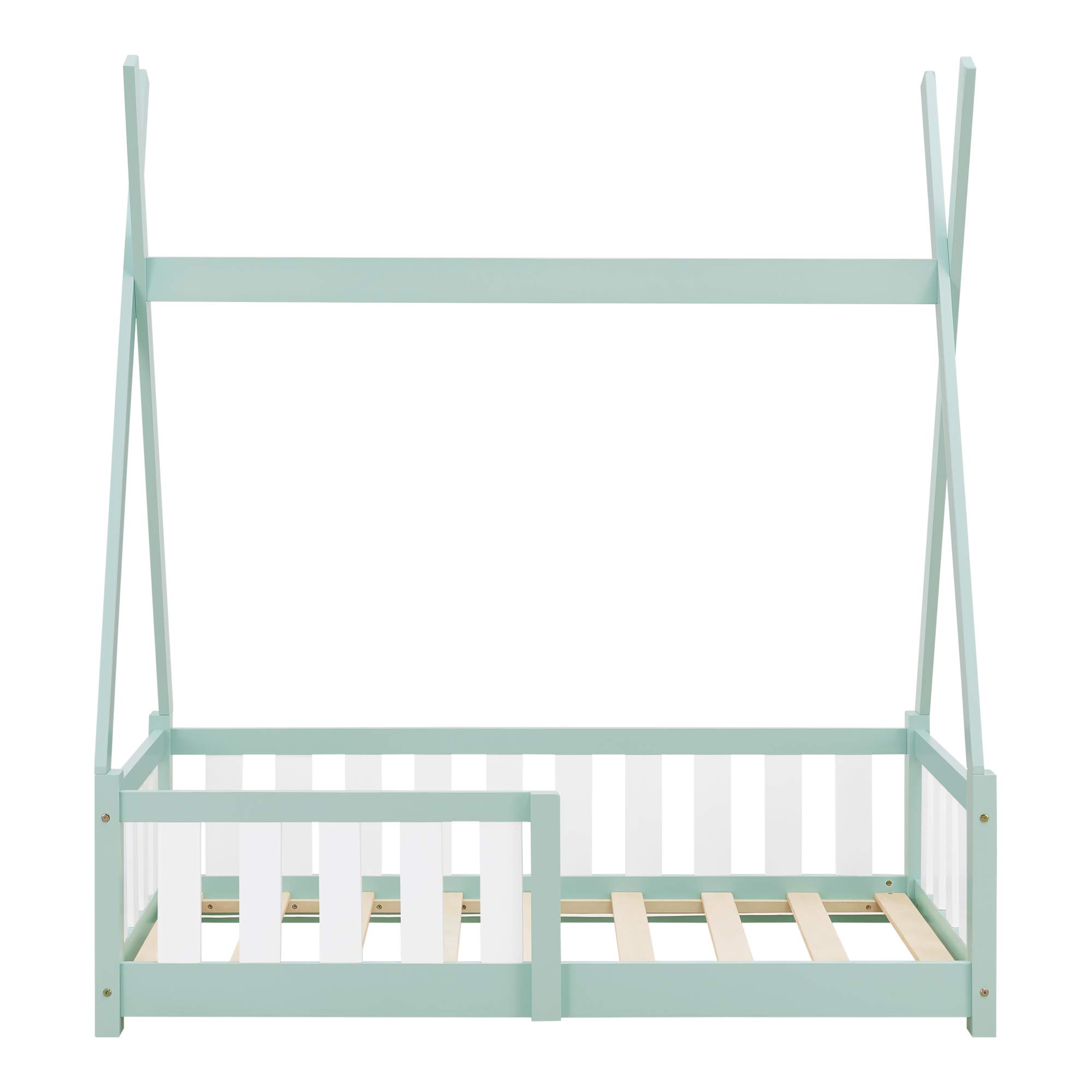 [en.casa] Kinderbett Helsingborg 70 x 140 cm mit Rausfallschutz Lattenrost Tipi Zelt Jugendbett Bettgestell Kiefernholz Holzbett für Kinder Mintgrün