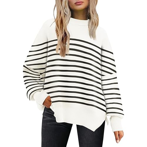 LILLUSORY Women's Oversized Batwing Sweaters 2024 Fall Outfits Crewneck Ribbed Knit Side Slit Trendy Pullover Tops