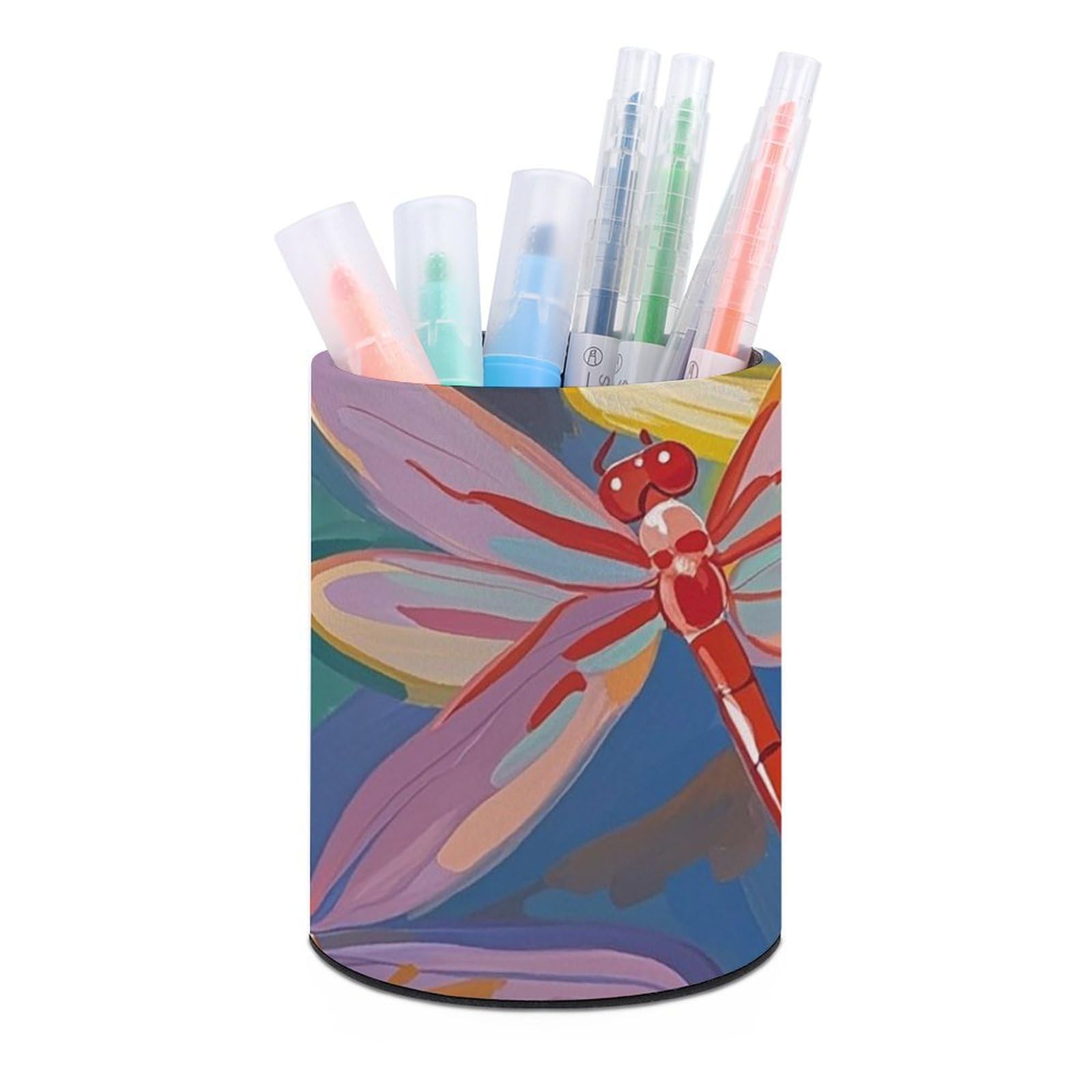 FekiLoot PU Leather Round Pen Holder Hand Painted Dragonfly Pencil Holder Desk Organizer Pen Organizer Pen Cup Pencil Cup Caddy Desktop Stationery Organizers for Office Home Supplies