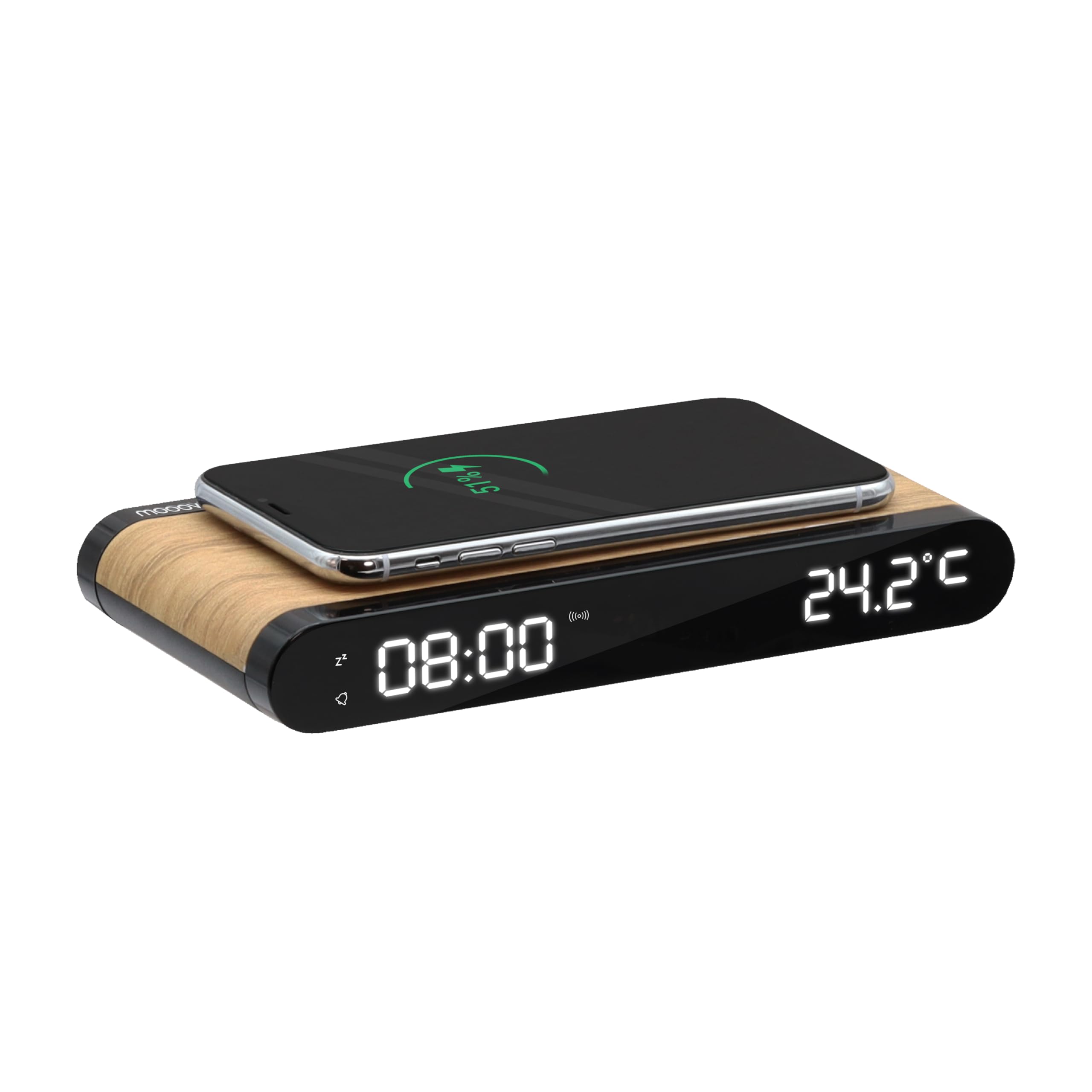 MOOOV 477349 Budzik ładowarka indukcyjna 15 W i port USB-C - wbudowana temperatura - efekt drewna