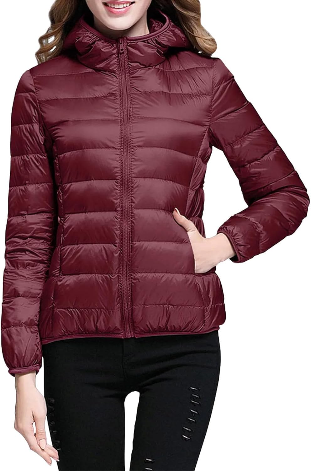 Hooded Down Coat for Women Lightweight Padded Jacket Waterproof Windproof Zip Up Parka