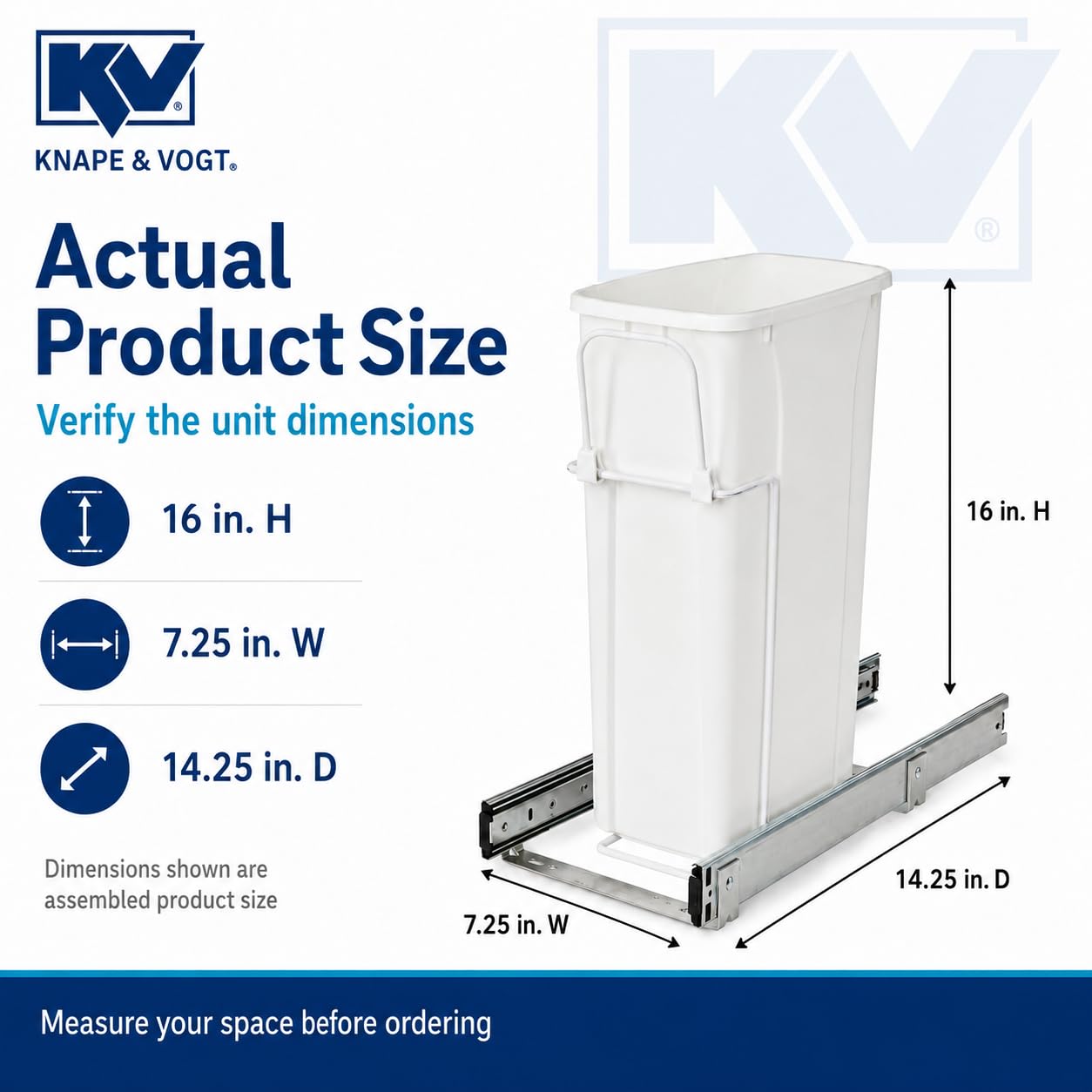 Knape & Vogt RS-PSW9-1-20-W Abfalleimer, 43,2 x 20,3 cm (H x B x T), Stahl, 20 Qt. Einzelner weißer ausziehbarer Mülleimer