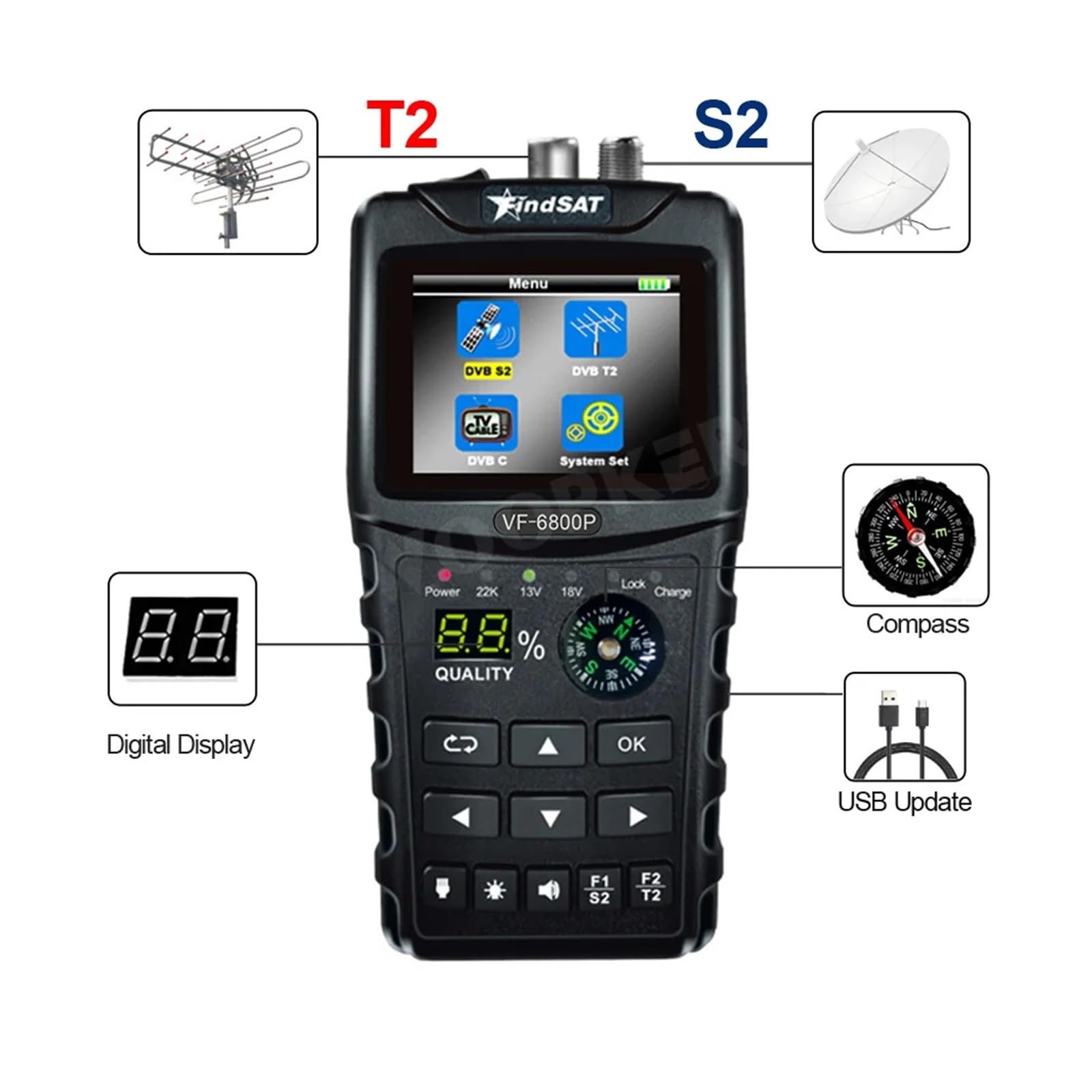 VF6800P Sat Finder Digitale Combo Supporta DVB T2/S2/C Ricevitore TV Satellitare Sintonizzatore Segnale DVB-T2