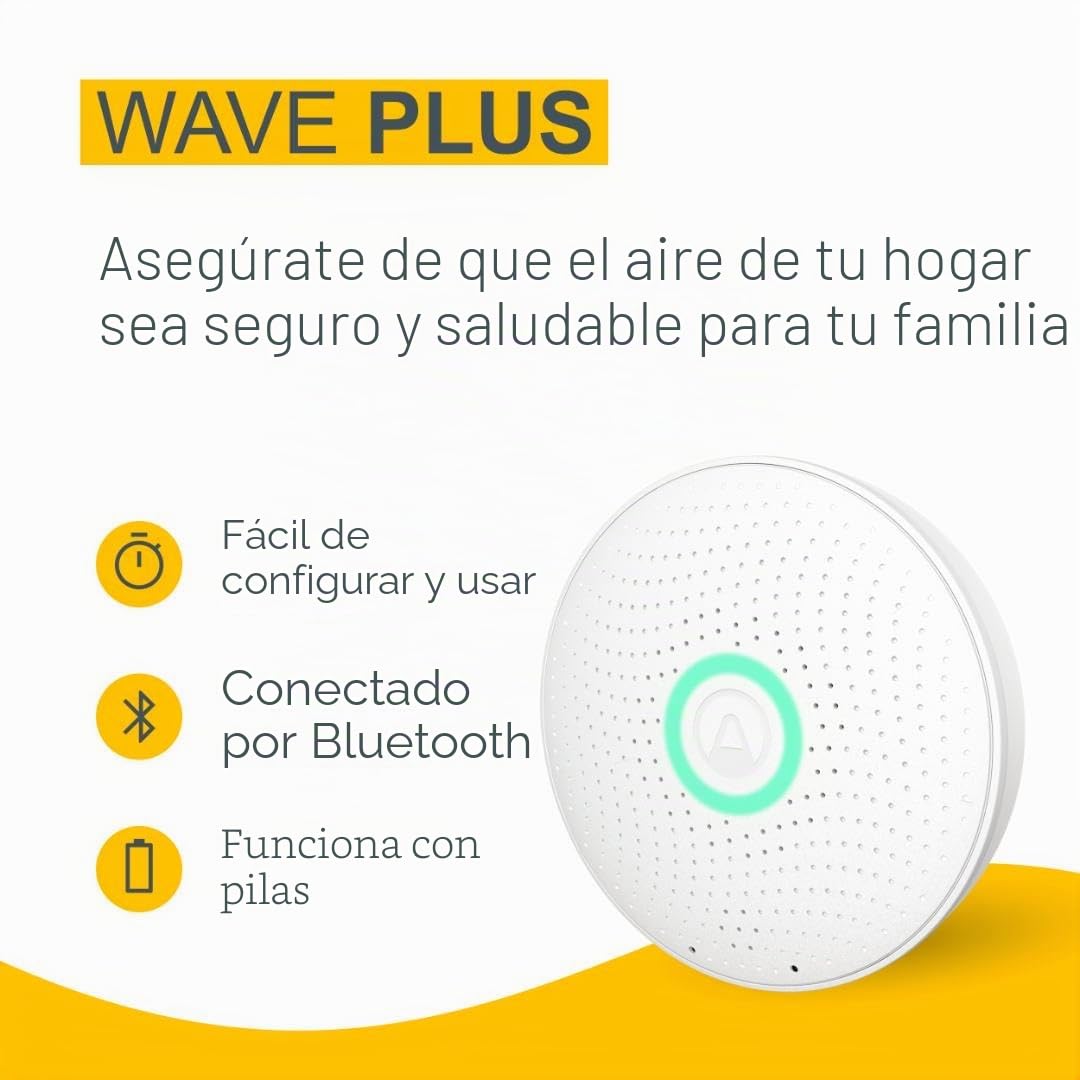 Airthings 2930 Wave Plus: monitor de radón y de la calidad del aire con detector de CO2, COV, presión de aire, humedad y temperatura