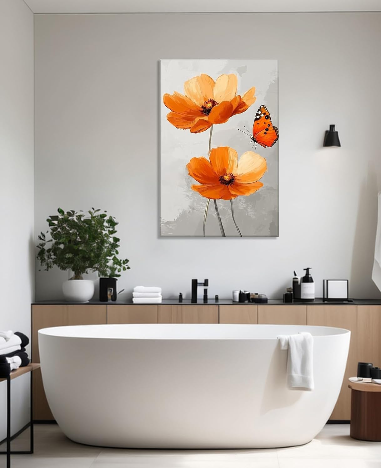 Poppy Canvas Wall Art Orange Flower Picture Wall Decor Floral with Butterfly Painting Vintage Prints Bathroom Living Room Modern Home Decor Framed(12.00x18.00 inch)