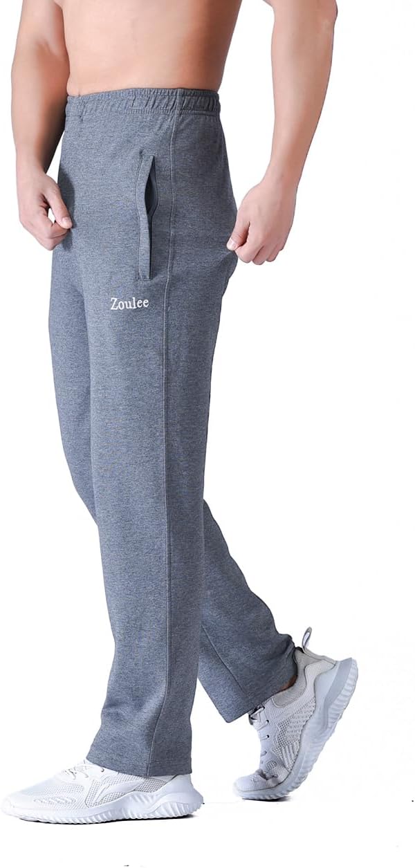 Zoulee Men's Open-Bottom Cotton Track Pants Sweatpants Jogging Pants with Zip Fly - Image 5
