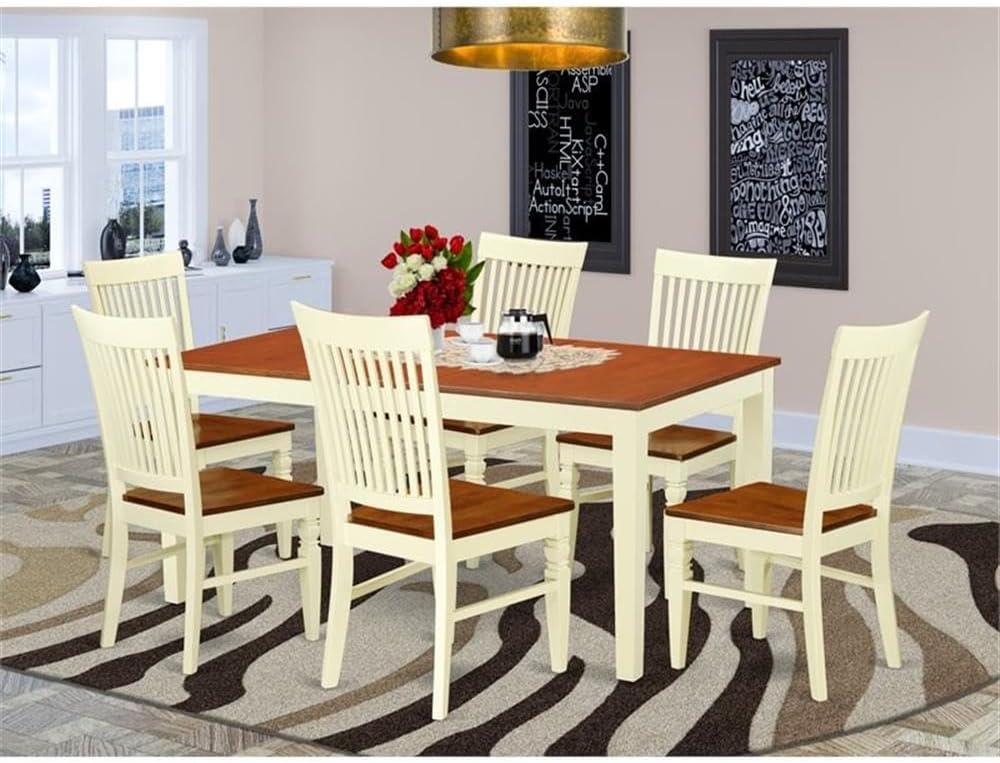 East West Furniture NIWE7-BMK-W 7 Piece Dining Table Set Consist of a Rectangle Wooden Table with Butterfly Leaf and 6 Dining Room Chairs, 36x66 Inch, Buttermilk & Cherry