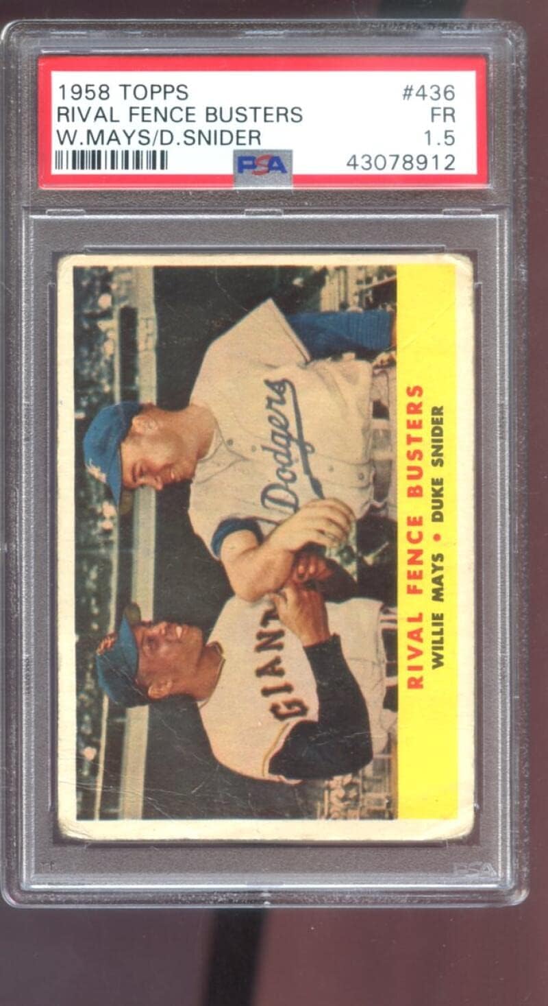 1958 Topps #436 Rival Fence Busters Willie Mays Duke Snider PSA 1.5 Graded Baseball Card MLB