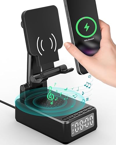 Regalos para hombres Soporte de teléfono celular con altavoz Bluetooth inalámbrico y cargador inalámbrico, soporte de cargador de teléfono con reloj