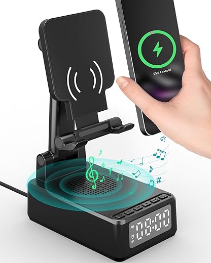 Gifts for Men Cell Phone Stand with Wireless Bluetooth Speaker and Wireless Charger, Phone Charger Stand with Digital Alarm Clock for iPhone, Birthday Gifts for Men,Boyfriend,Dad,Women,Christmas