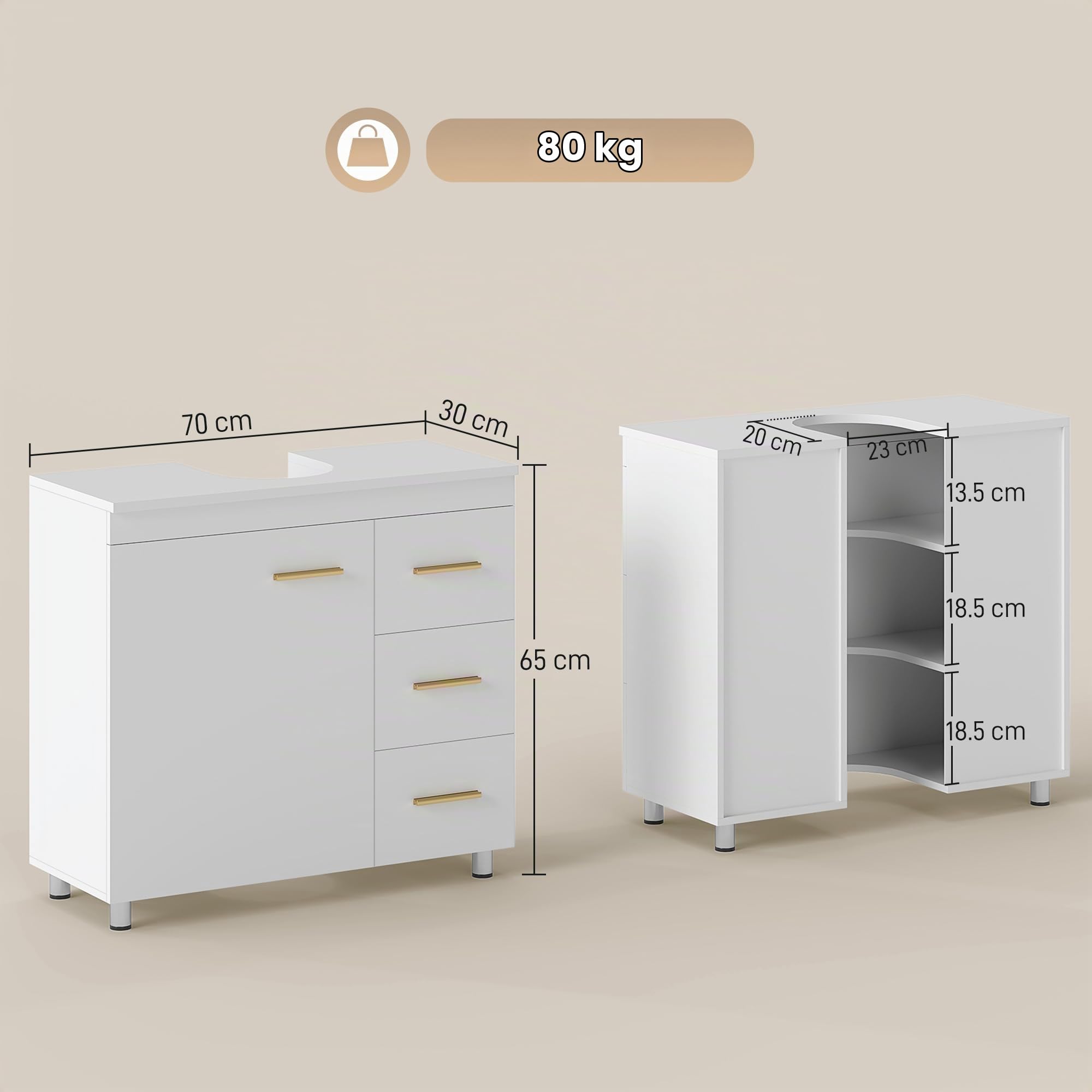 HOMCOM Mobile Sottolavabo per Bagno Salvaspazio 70x30x65cm Bianco | Intaglio a U, Armadietto a 3 Ripiani Soft Close, Mobiletto con 3 Cassetti, per Lavabi con o senza Piedistallo