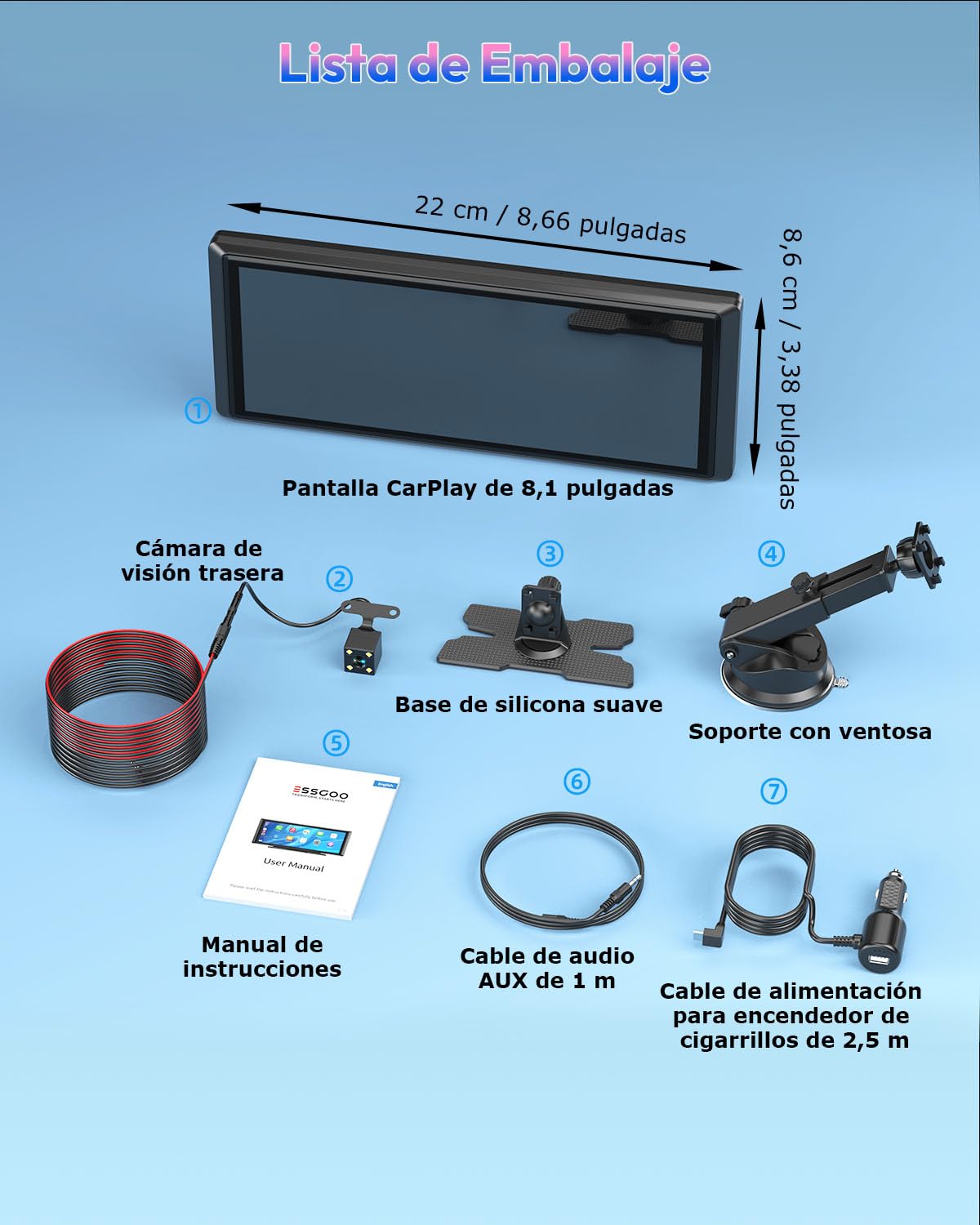 ESSGOO Pantalla Carplay Coche con Cámara Retrovisora,8 Pulgadas Apple Car Play Android Auto Inalámbrico,Pantalla Táctil Portátil Radio Coche con Bluetooth,Airplay,Mirror Link,FM,AUX,Siri,Navegación