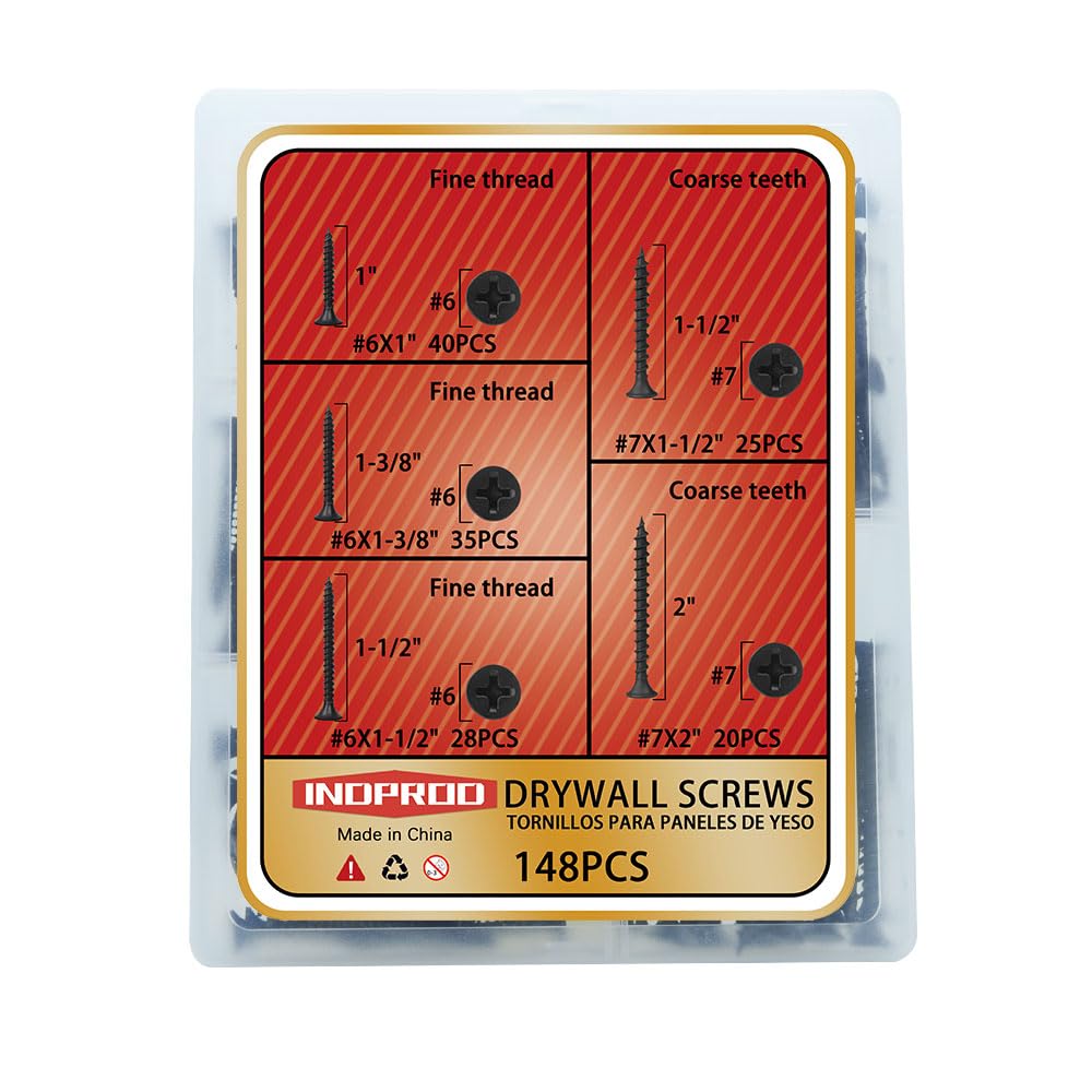 INDPROD Drywall Screws Assortment Kit, #6#7 Black Wood Screws for Drywall, Phosphate Coated Finish, Fine Thread Sheetrock Screws Set, Phillips Bugle