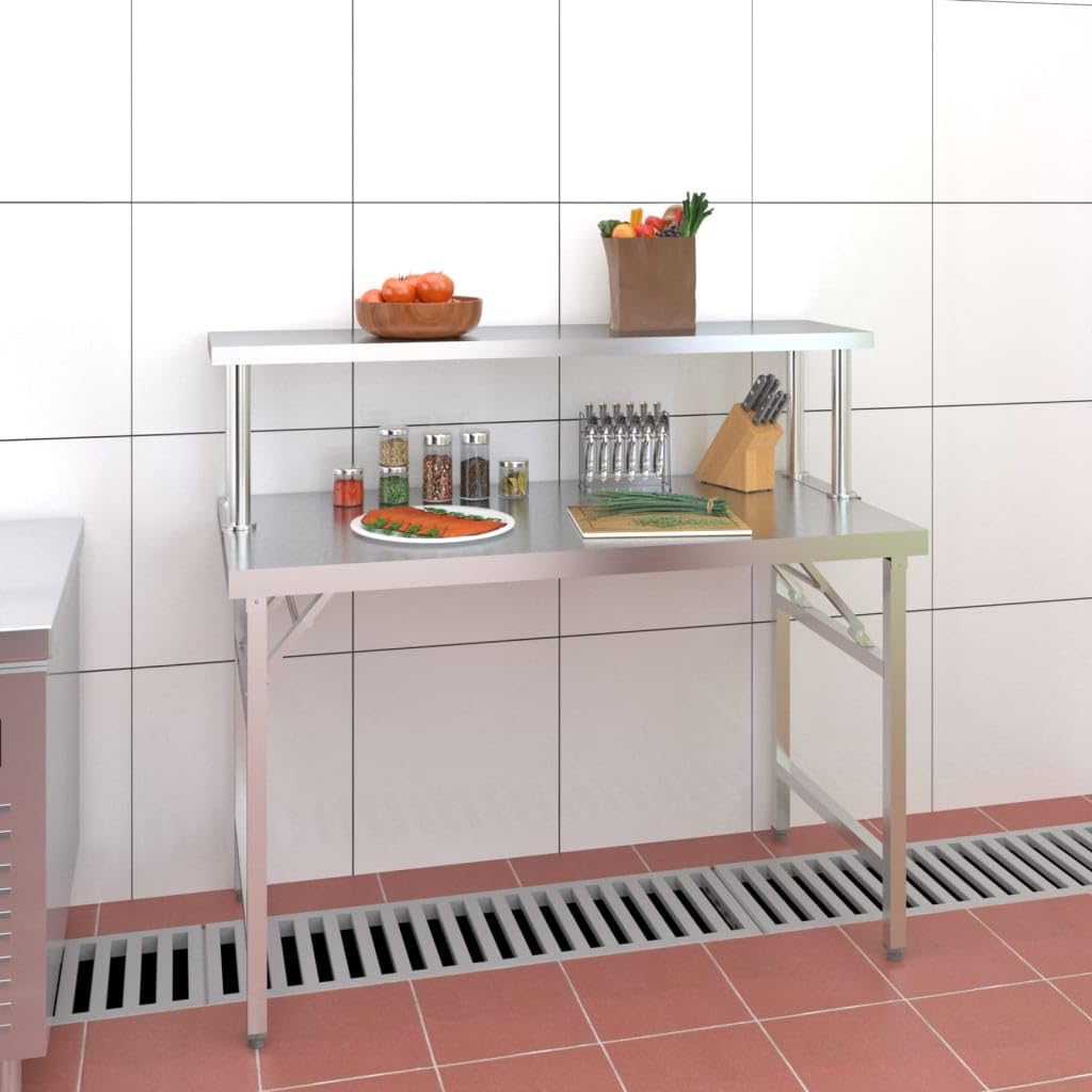 Arbeitstisch, klappbar, aus Edelstahl, mit Regal, 120 x 60 x 115 cm
