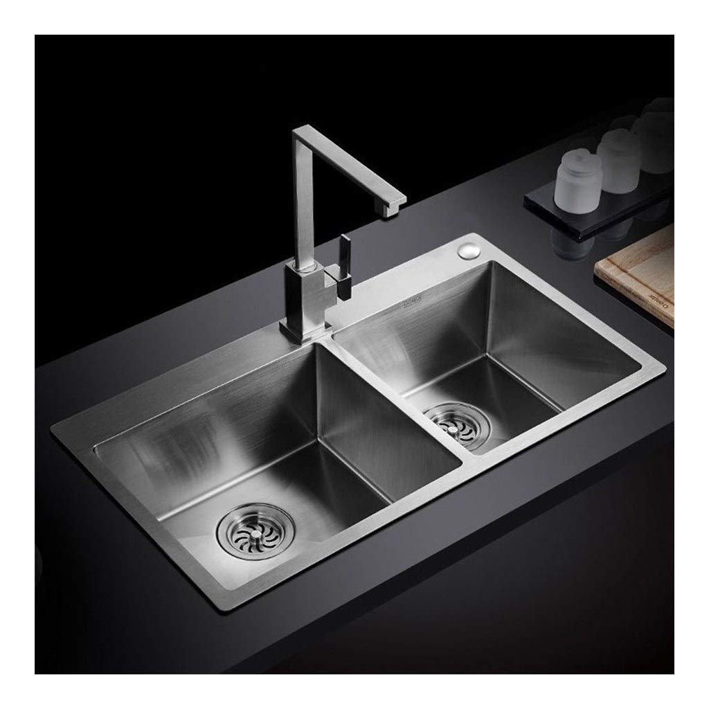 WDSOPK Basin 720Mm X 400Mm Kitchen Sink Double Bowl, 304 Stainless Steel Deep Basin with Tap Counter Top,